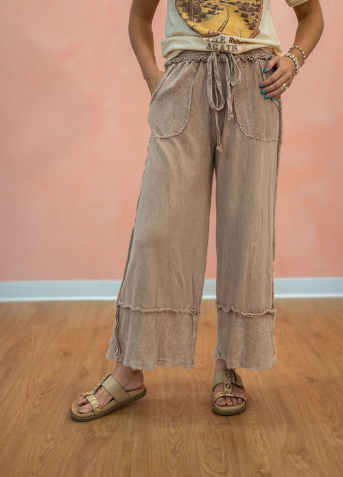 Mineral Wash Wide Leg Cropped Pants: Latte