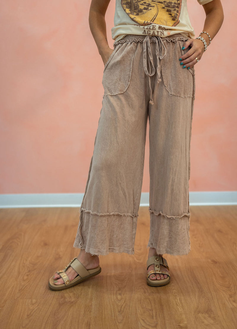 Mineral Wash Wide Leg Cropped Pants: Latte