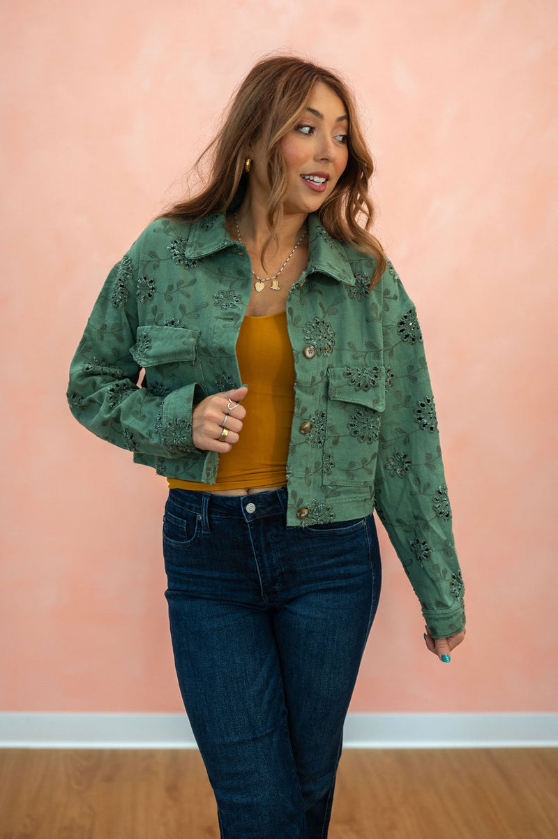Eyelet Twill Cropped Jacket: Olive