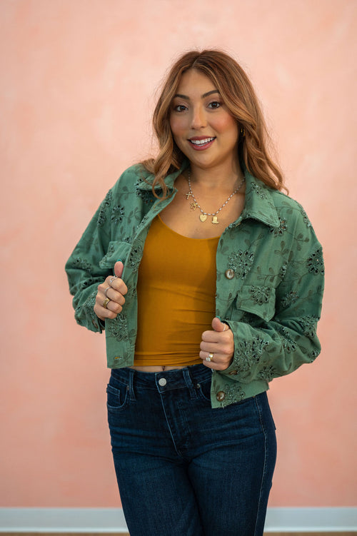 Eyelet Twill Cropped Jacket: Olive