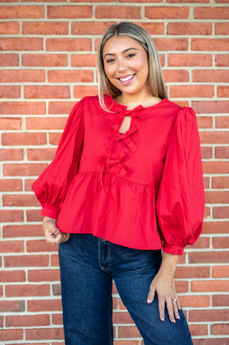 Perfect Delight Bow Front Blouse: Red