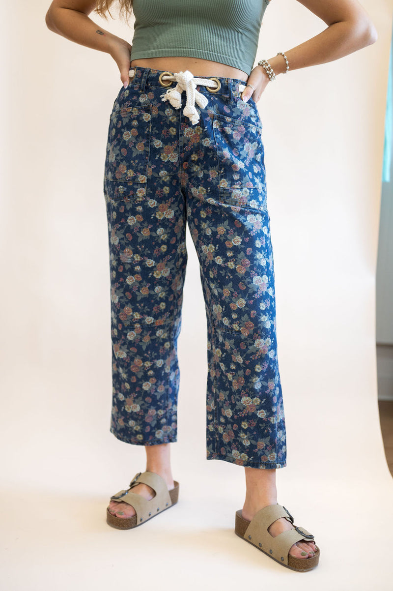 Vintage Washed Floral Denim Barrel Jeans