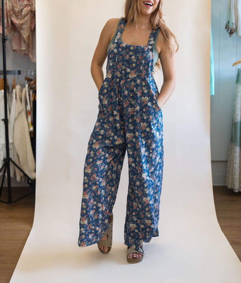 Vintage Floral Denim Bib Overalls