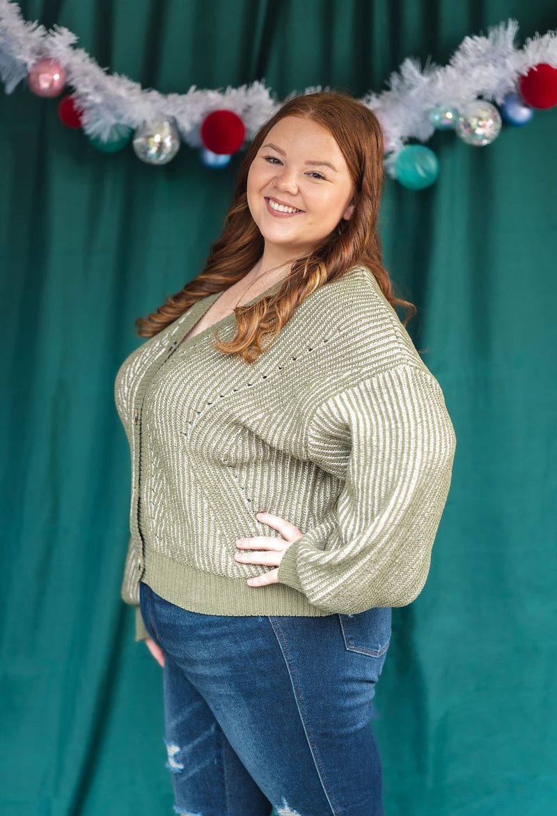 Olive Two Tone Button Down Oversized Sweater Cardigan