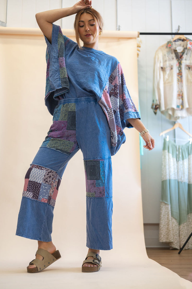 Mineral Washed Boho Block Patch Pants: Denim Blue