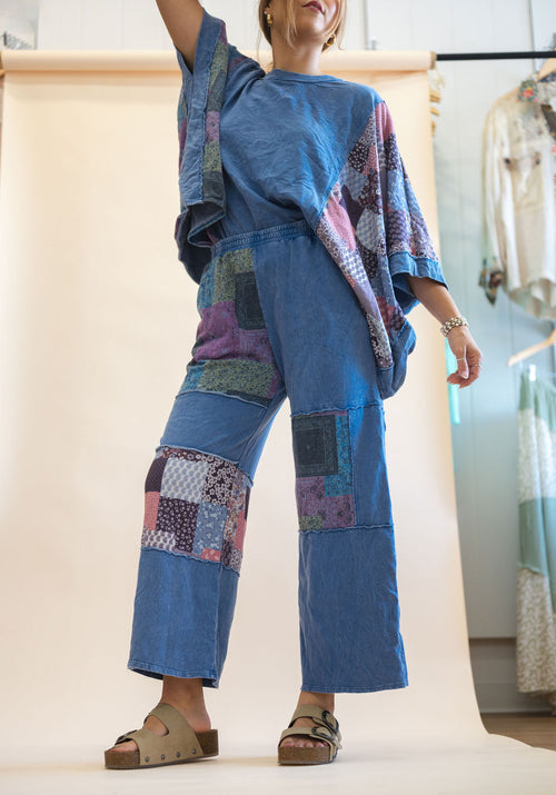 Mineral Washed Boho Block Patch Pants: Denim Blue