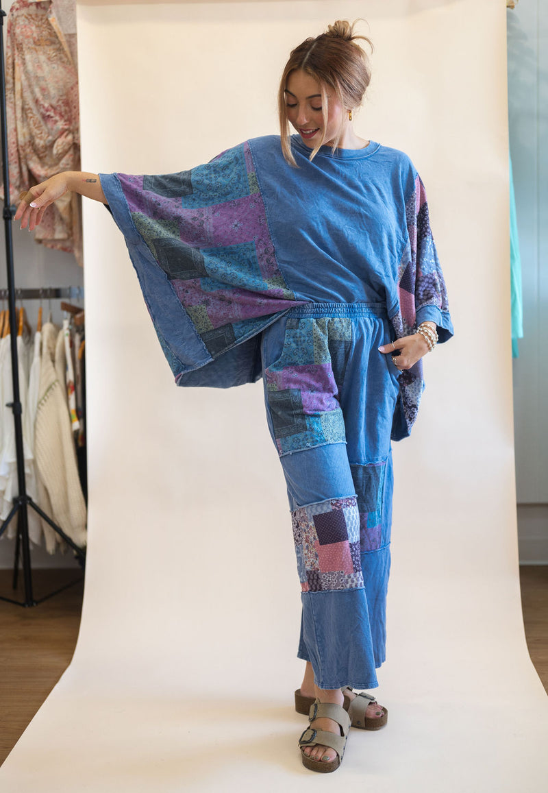 Mineral Washed Boho Patch Poncho Top: Denim Blue