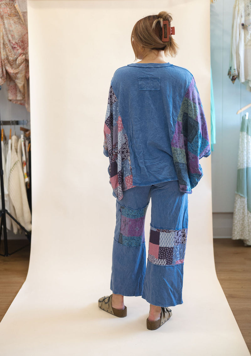 Mineral Washed Boho Block Patch Pants: Denim Blue