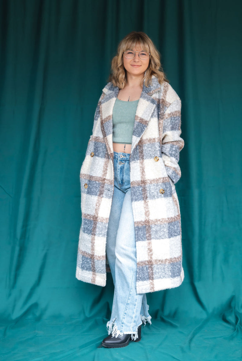 City Style Plaid Fuzzy Button Down Long Coat: Gray