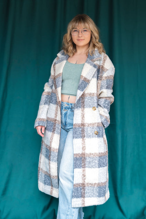 City Style Plaid Fuzzy Button Down Long Coat: Gray