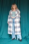 City Style Plaid Fuzzy Button Down Long Coat: Gray