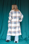 City Style Plaid Fuzzy Button Down Long Coat: Gray