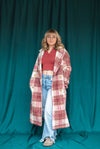 City Style Plaid Fuzzy Button Down Long Coat: Rose