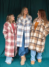 City Style Plaid Fuzzy Button Down Long Coat: Rose