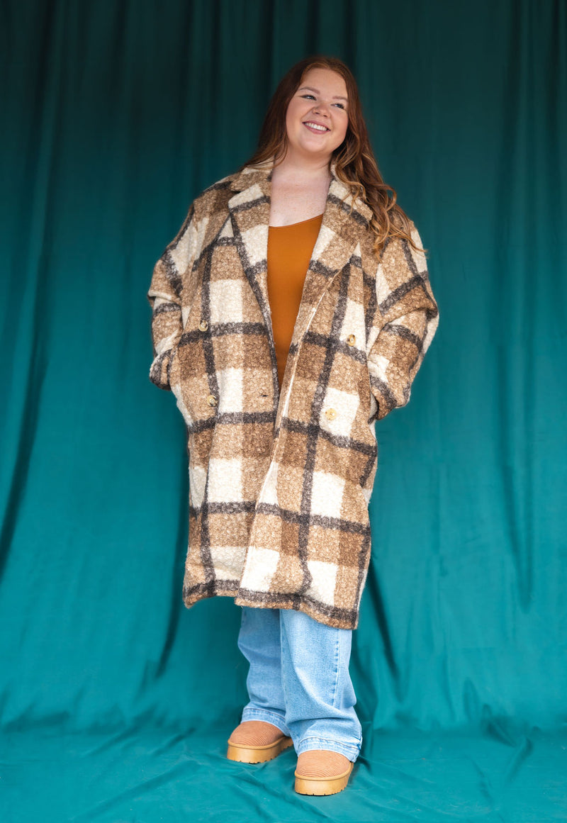 City Style Plaid Fuzzy Button Down Coat: Mocha