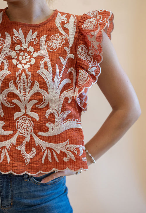 Copper Leaves Embroidered Flutter Sleeve Blouse