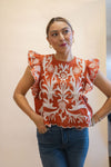 Copper Leaves Embroidered Flutter Sleeve Blouse