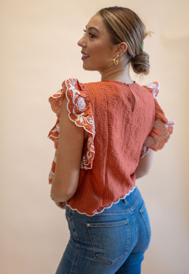 Copper Leaves Embroidered Flutter Sleeve Blouse