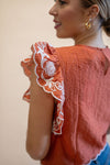 Copper Leaves Embroidered Flutter Sleeve Blouse