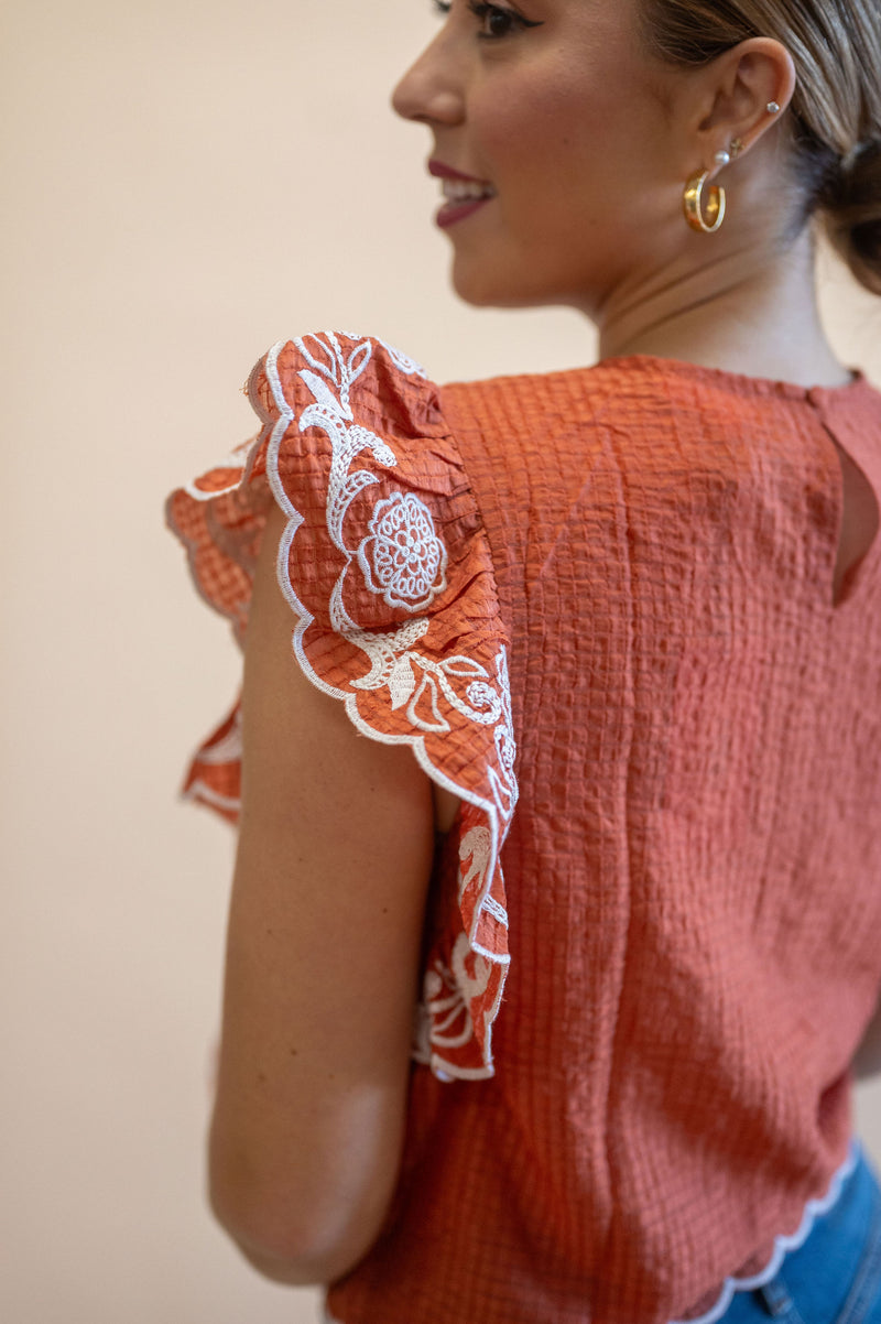 Copper Leaves Embroidered Flutter Sleeve Blouse