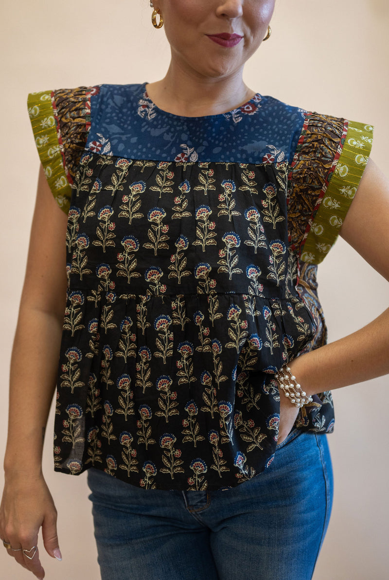 Rustic Mixed Floral Flutter Sleeve Blouse