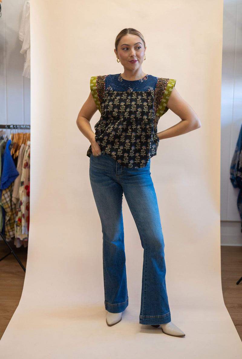 Rustic Mixed Floral Flutter Sleeve Blouse