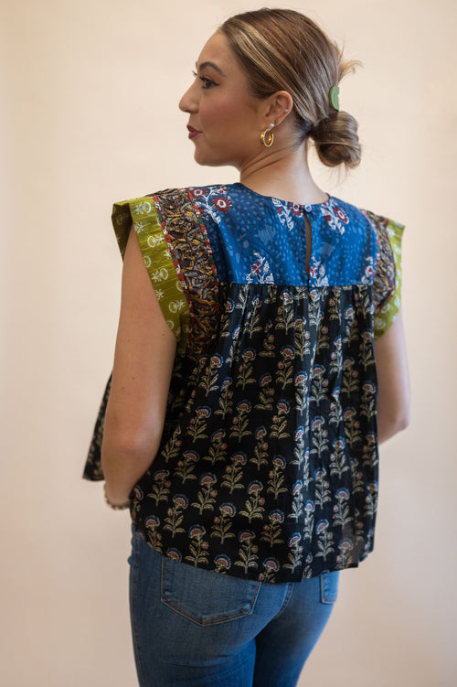 Rustic Mixed Floral Flutter Sleeve Blouse