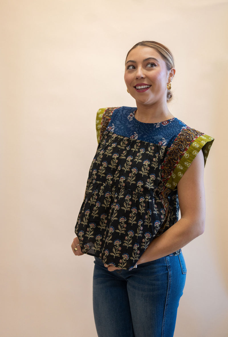 Rustic Mixed Floral Flutter Sleeve Blouse