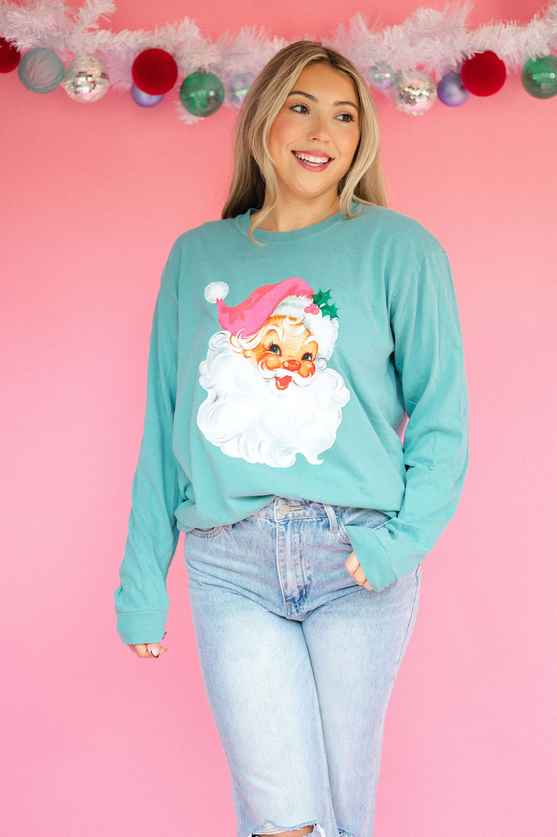 Pink Vintage Santa Long Sleeve Tee: TEAL