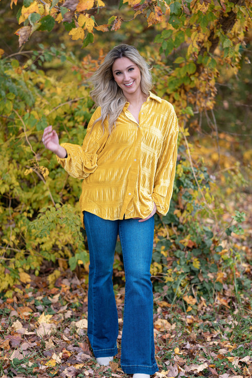 Oversized Velvet Button Down Shirt: Mustard Gold