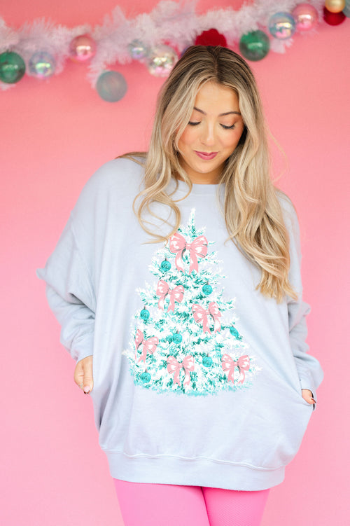 Pink Bows Christmas Tree Sweatshirt: Pale Sage