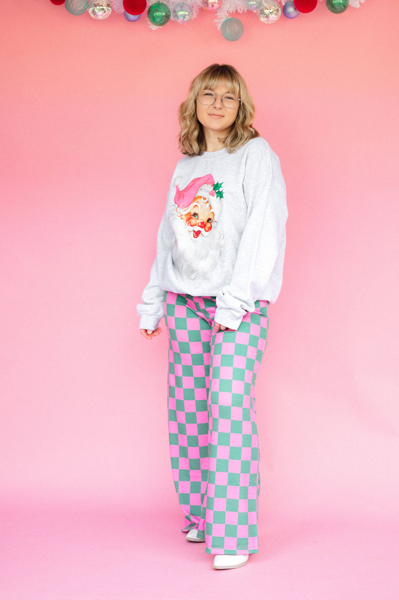 Pink Santa Vintage Crewneck: Ash Grey