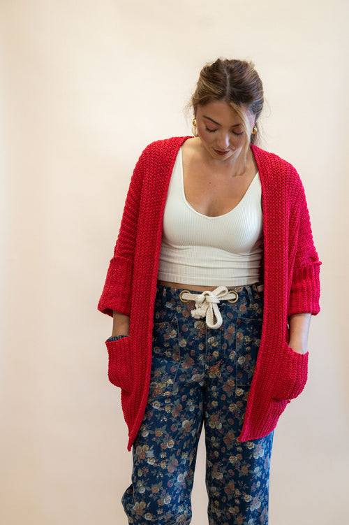 Chunky Chenille Cardigan: Apple Red