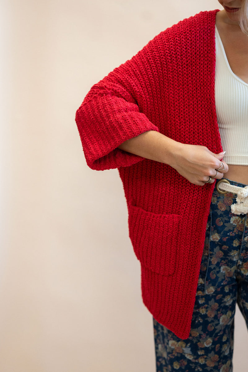 Chunky Chenille Cardigan: Apple Red