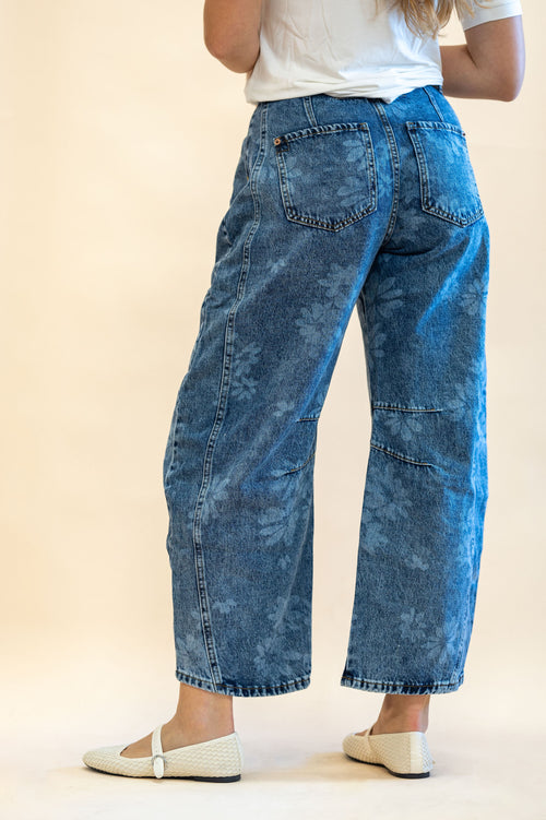Denim Washed Floral Print Barrel Jeans