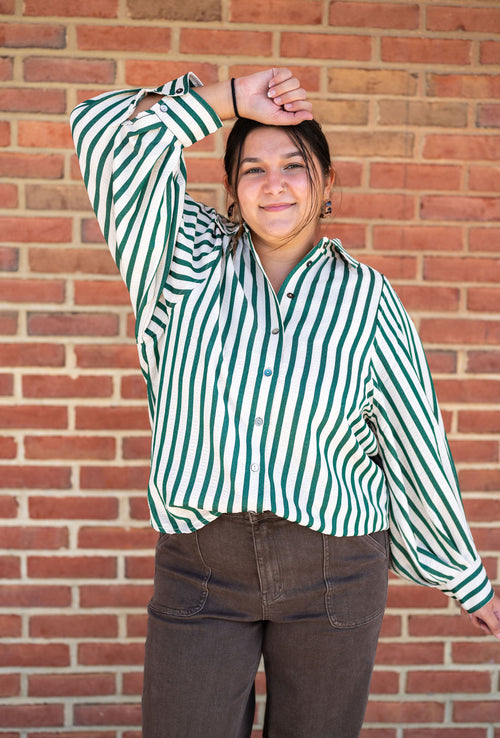 Cream and Green Striped Button Down
