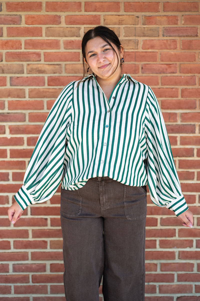 Cream and Green Striped Button Down