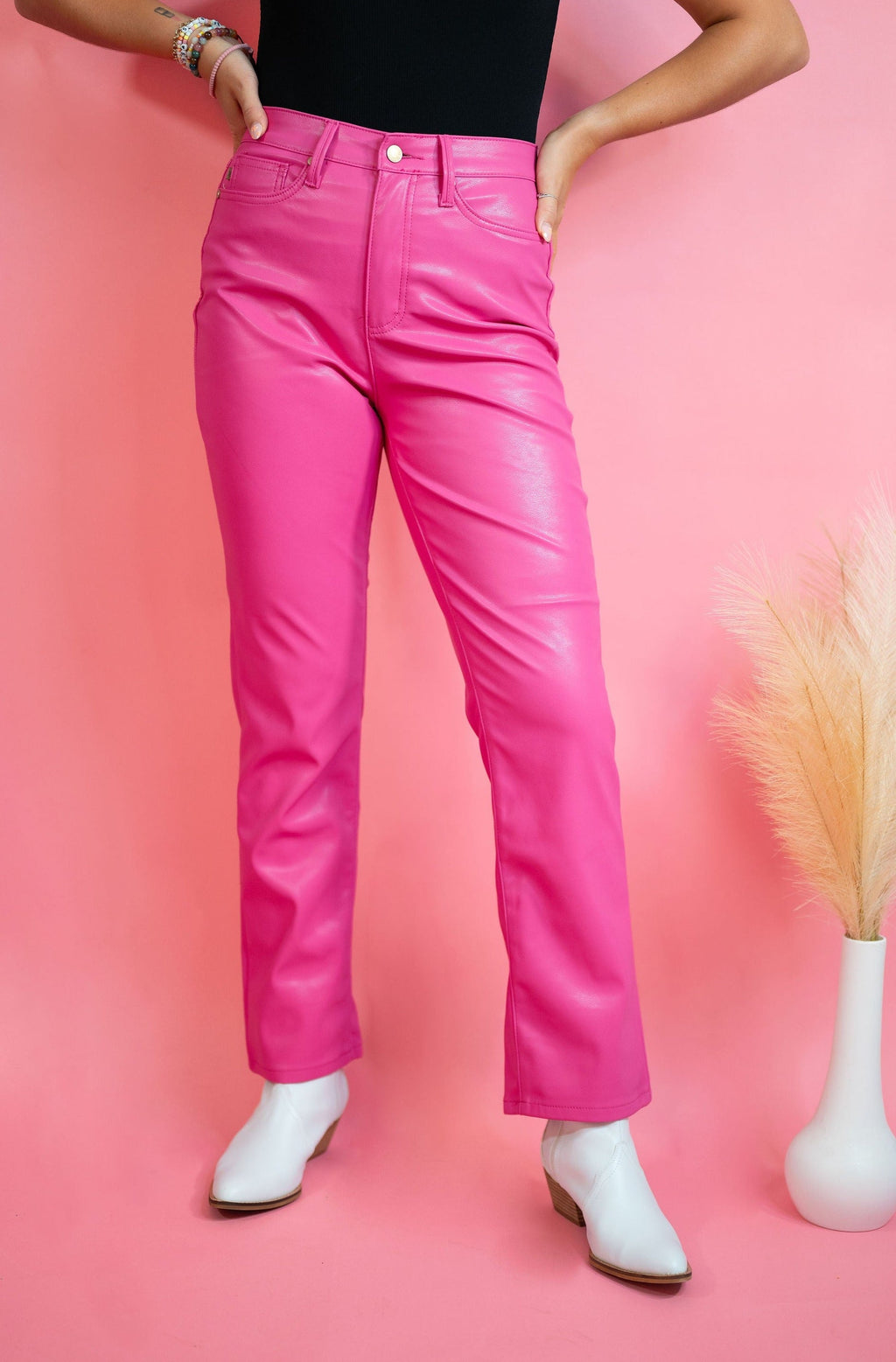 judy blue, pink pants, barbie pants, faux leather pants, vegan leather pant, tummy control