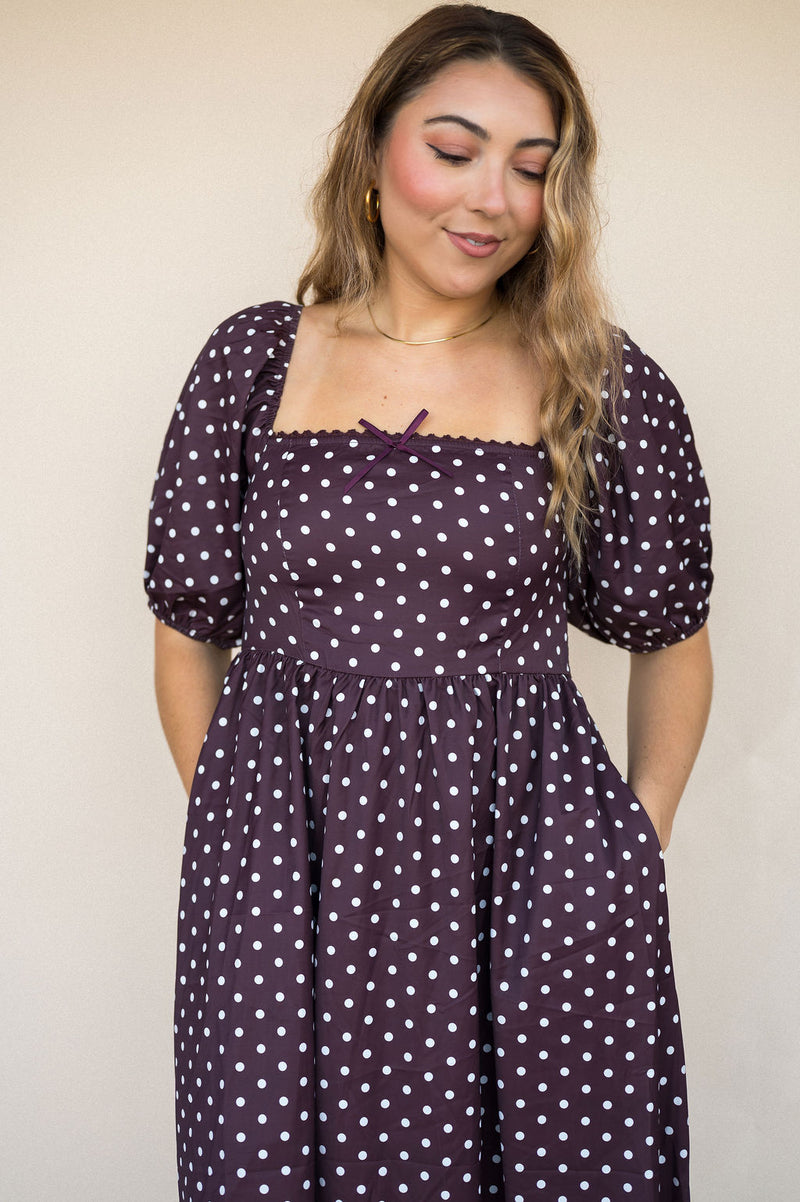 Chocolate Dot Puff Sleeve Midi Dress