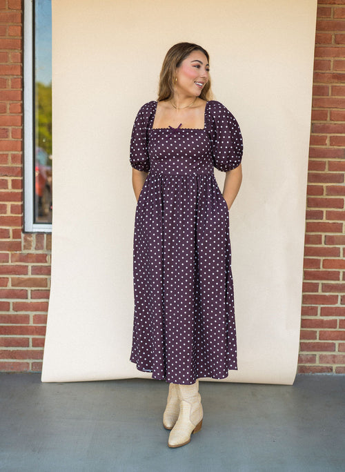 Chocolate Dot Puff Sleeve Midi Dress