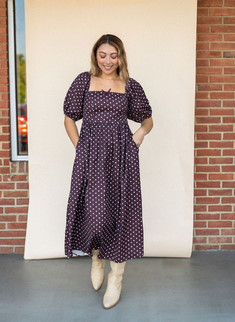Chocolate Dot Puff Sleeve Midi Dress