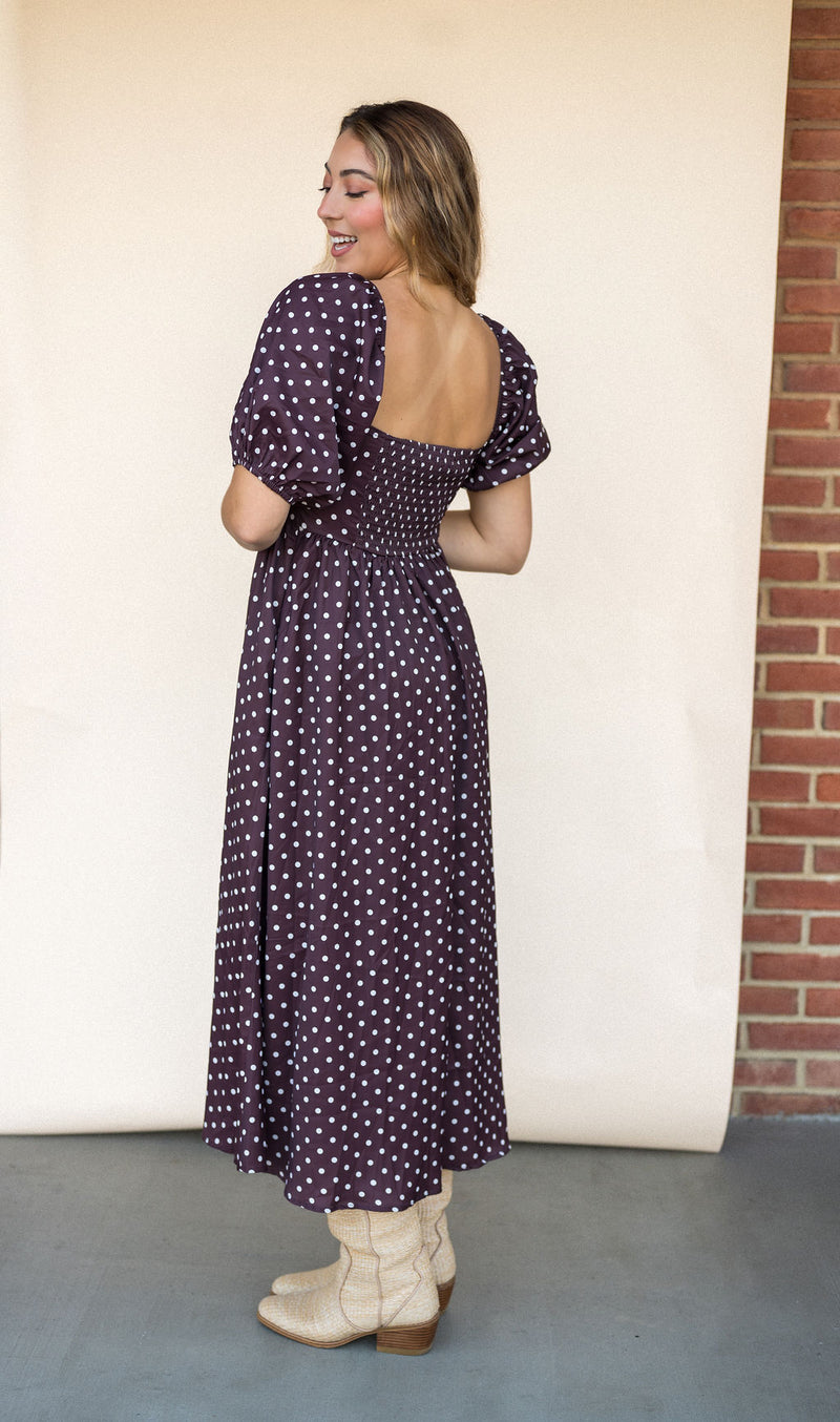 Chocolate Dot Puff Sleeve Midi Dress