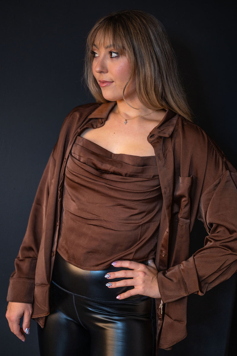 Satin Button Down Blouse with Cami: Chocolate