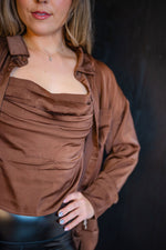 Satin Button Down Blouse with Cami: Chocolate
