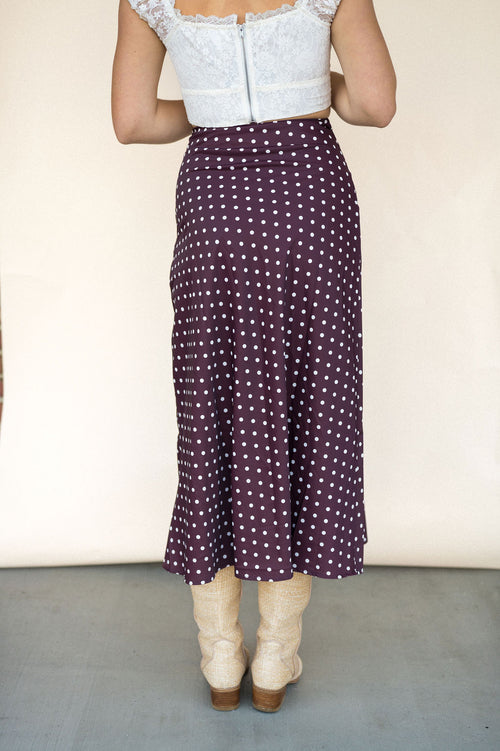 Chocolate Dot Satin Midi Skirt
