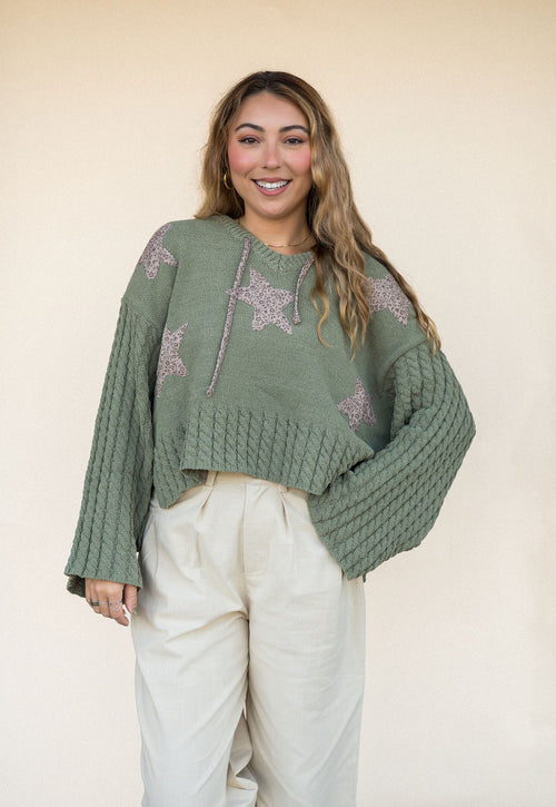 POL Boho Star Hooded Sweater - Olive
