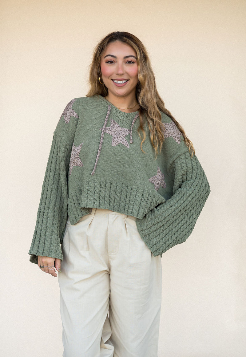 POL Boho Star Hooded Sweater - Olive
