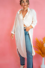 Crinkle Cream Long Line Button Down