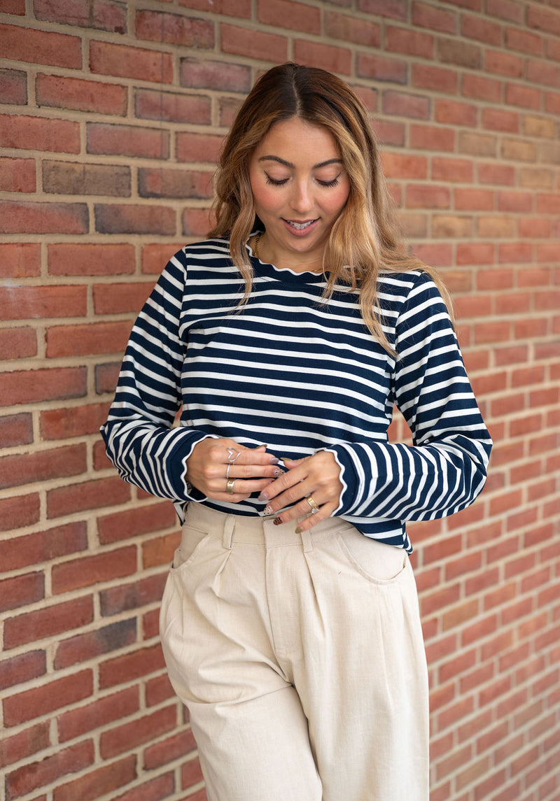 Call Me Navy Scalloped Long Sleeve