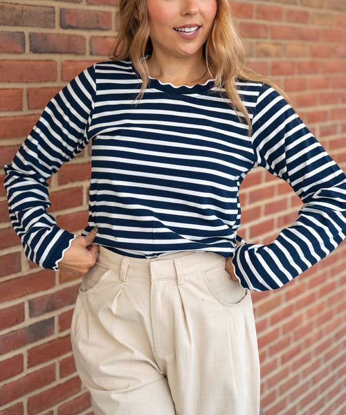 Call Me Navy Scalloped Long Sleeve